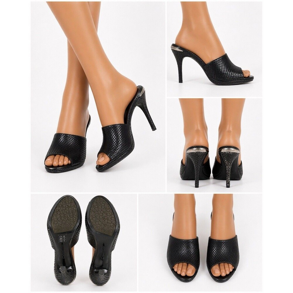 Calvin Klein Women's Heels Size 7M Black Snake Embossed Mule Slide Stiletto Y2K
